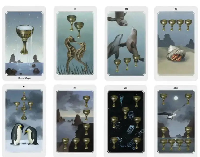 Blue-toned Cups tarot cards featuring marine wildlife including whales, penguins, and coral.