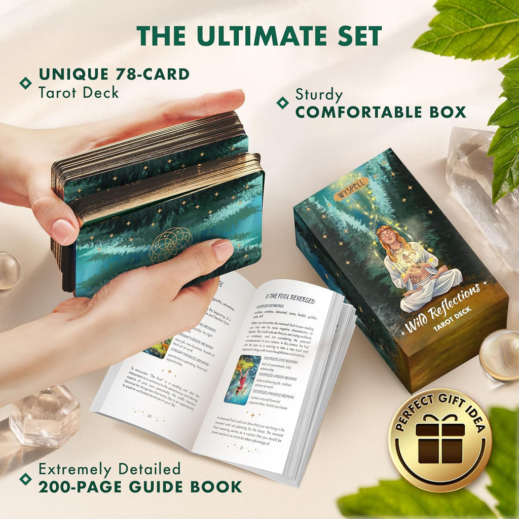 Thick stacked deck of Wild Thick stacked deck of Wild Reflections Tarot cards illustrating the deep green starry sky backing and gold edging.