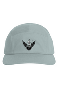Five-panel camper style hat with Anakha H Nyx blue embroidered winged science flask logo containing a glowing brain graphic.
