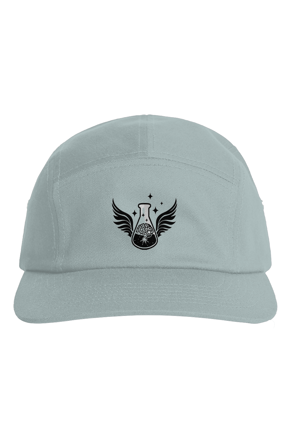 Five-panel camper style hat with Anakha H Nyx blue embroidered winged science flask logo containing a glowing brain graphic.