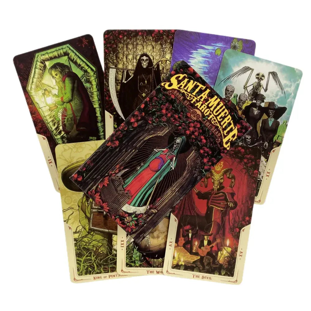 Three vibrant Day of the Dead tarot cards fanned out to showcase the intricate, high-contrast dark fantasy artwork.