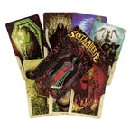 Three vibrant Day of the Dead tarot cards fanned out to showcase the intricate, high-contrast dark fantasy artwork.