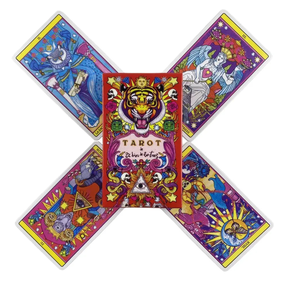 An unfolded geometric box design layout displaying high-contrast multi-colored deities and fold line creases.
