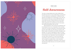 An open book page displaying page 1 under the header "PART ONE Self-Awareness". The left side features a decorative purple border block covered in abstract celestial sun and diamond line illustrations, alongside clinical introduction paragraphs on the right.