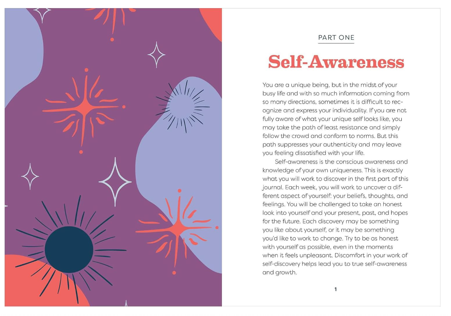 An open book page displaying page 1 under the header "PART ONE Self-Awareness". The left side features a decorative purple border block covered in abstract celestial sun and diamond line illustrations, alongside clinical introduction paragraphs on the right.