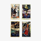Four distinct Crow Tarot cards arranged in a perfect two-by-two grid displaying detailed occult imagery.
