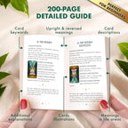 Open tarot guidebook pages for The Hermit card displaying keywords, life areas meanings, and card illustrations.