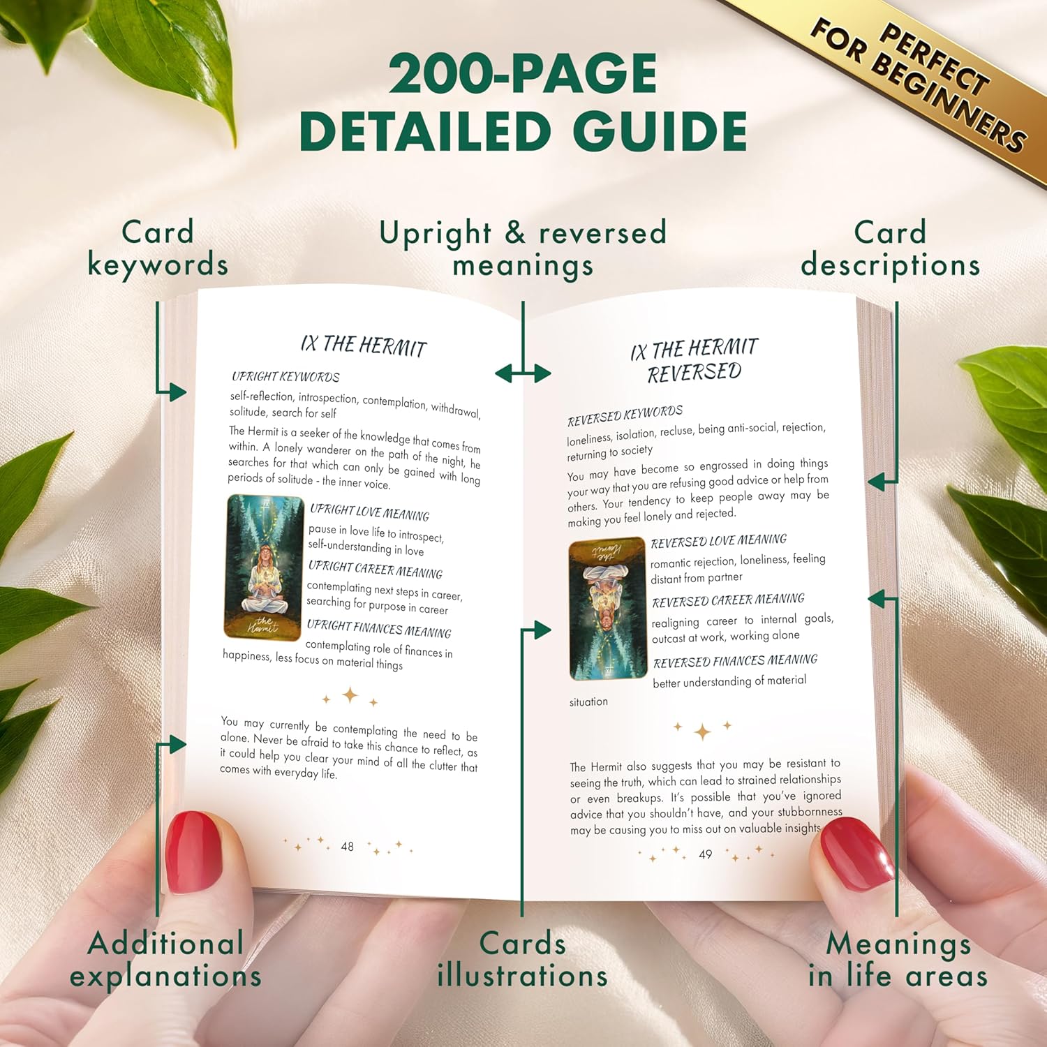 Open tarot guidebook pages for The Hermit card displaying keywords, life areas meanings, and card illustrations.