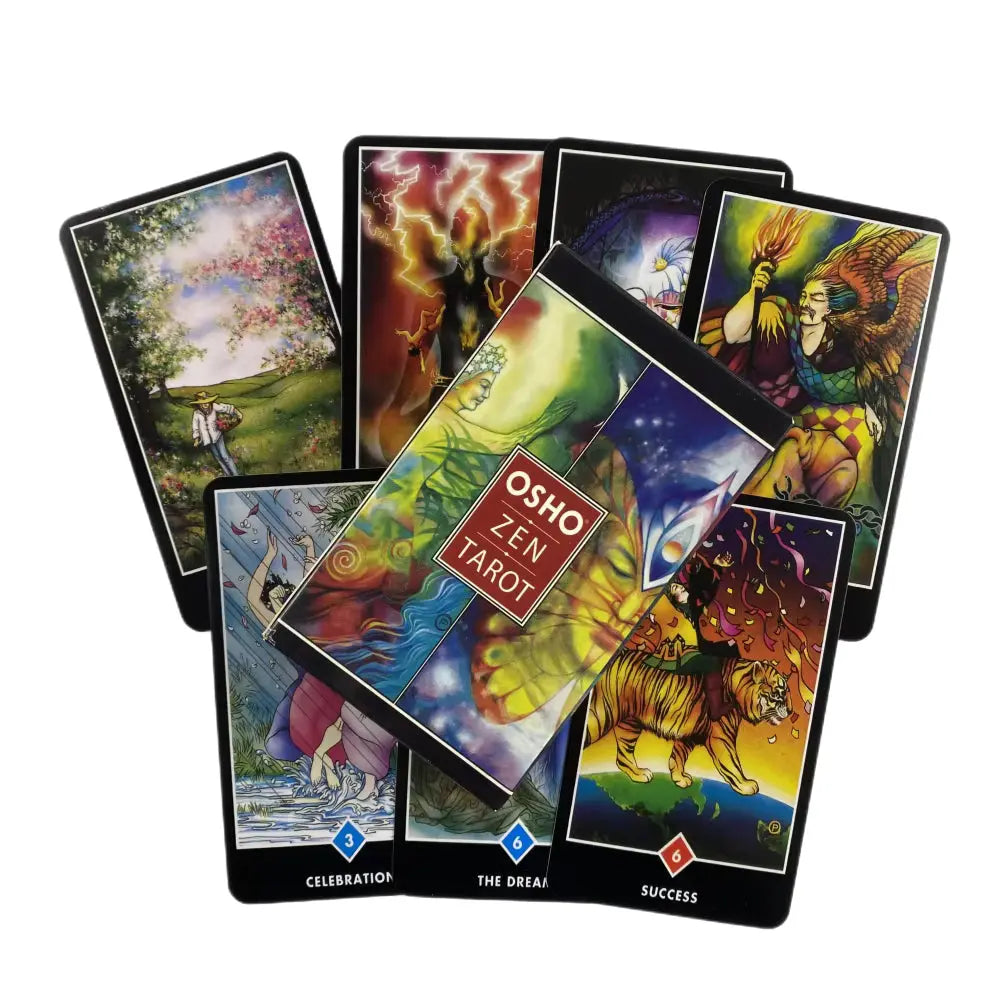 A hand holding a fanned group of colorful Osho Zen cards emphasizing the bold black card borders.