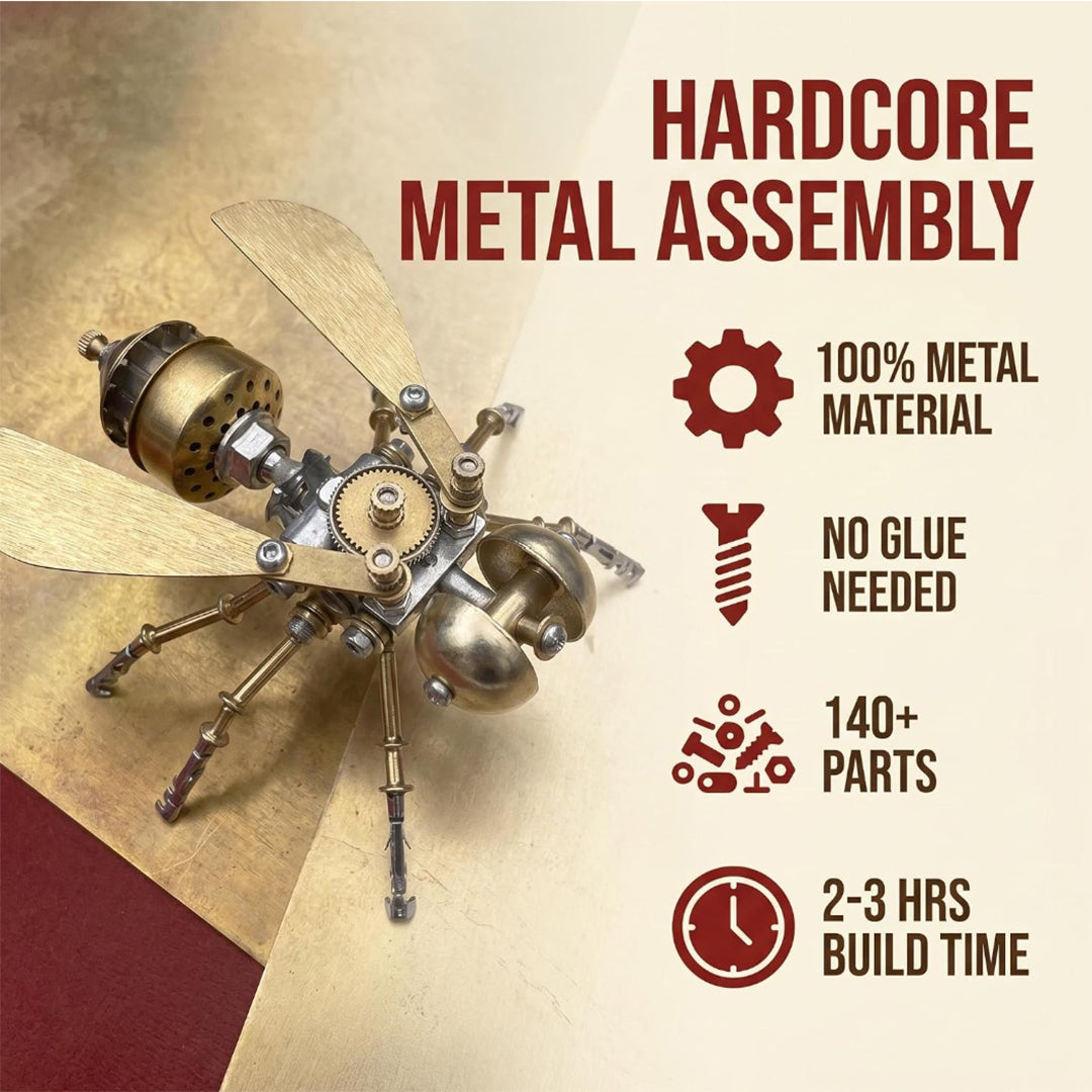 An e-commerce infographic featuring the fully assembled metallic fly model on the left. The right side displays a cream-colored feature column outlining specifications: "100% METAL MATERIAL," "NO GLUE NEEDED," "140+ PARTS," and "2-3 HRS BUILD TIME," each paired with brown graphic icons.