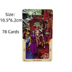 Front view of a single Santa Muerte tarot card displaying product text dimensions of 10.5 by 6.2 centimeters.