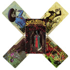 Unfolded Box Layout: Flat, cross-shaped template design showing the full outer packaging illustrations of the Santa Muerte card box.