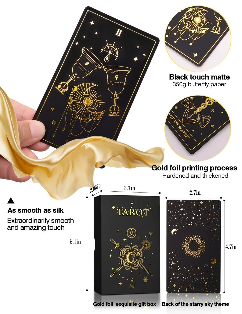 WJPC Gold Foil Tarot infographic showing dimensions of the 5.1-inch gift box and 4.7 by 2.7-inch starry sky theme cards.