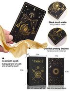 WJPC Gold Foil Tarot infographic showing dimensions of the 5.1-inch gift box and 4.7 by 2.7-inch starry sky theme cards.