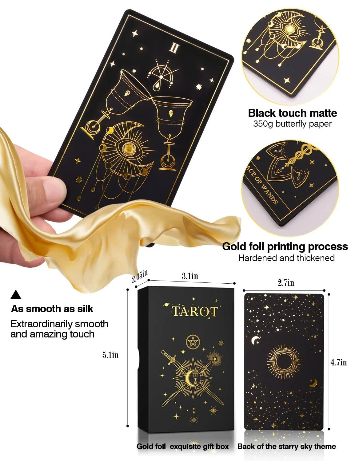 WJPC Gold Foil Tarot infographic showing dimensions of the 5.1-inch gift box and 4.7 by 2.7-inch starry sky theme cards.