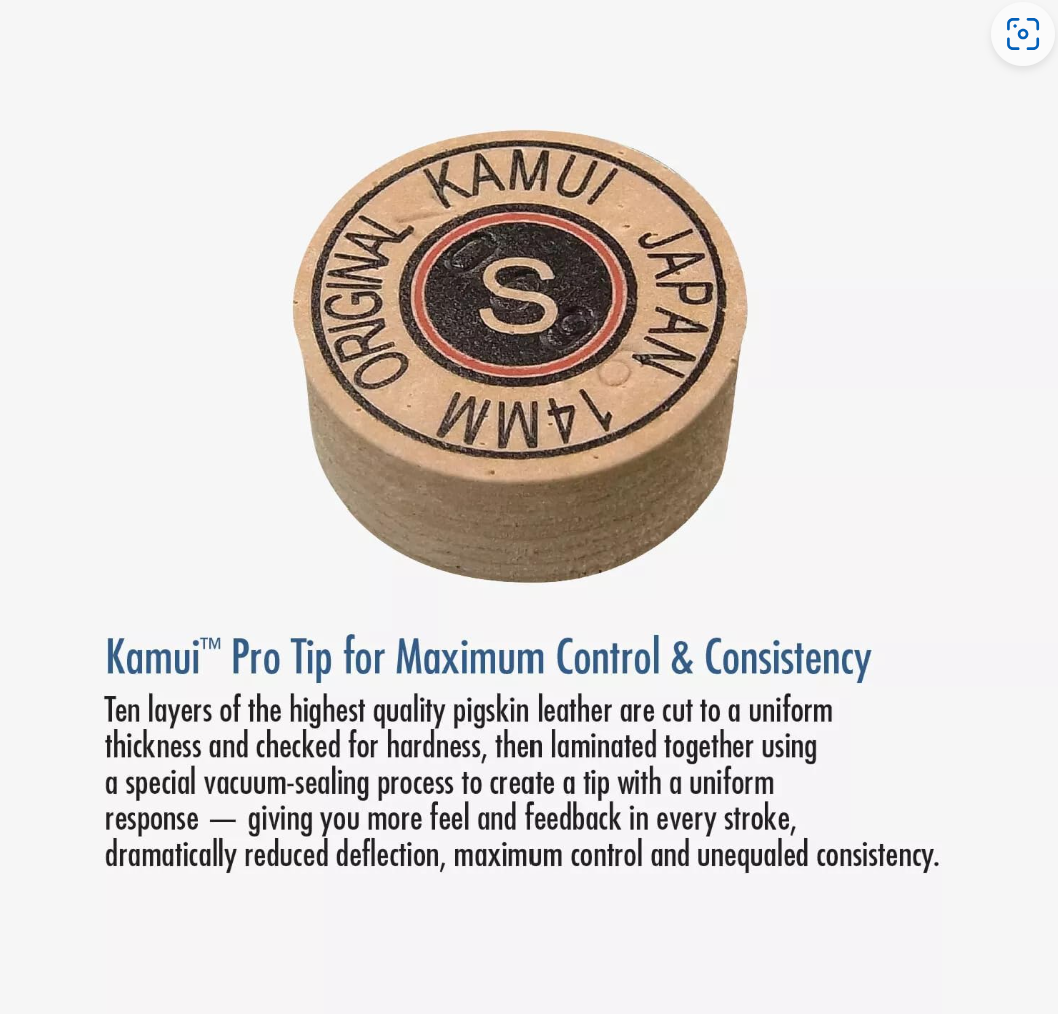 Close-up of a 10-layer laminated Japanese pigskin Kamui Pro soft cue tip for enhanced billiards ball control.