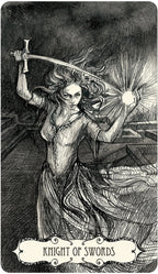 High-contrast black card layout showing a fierce warrior wielding a sword against a swirling night sky.