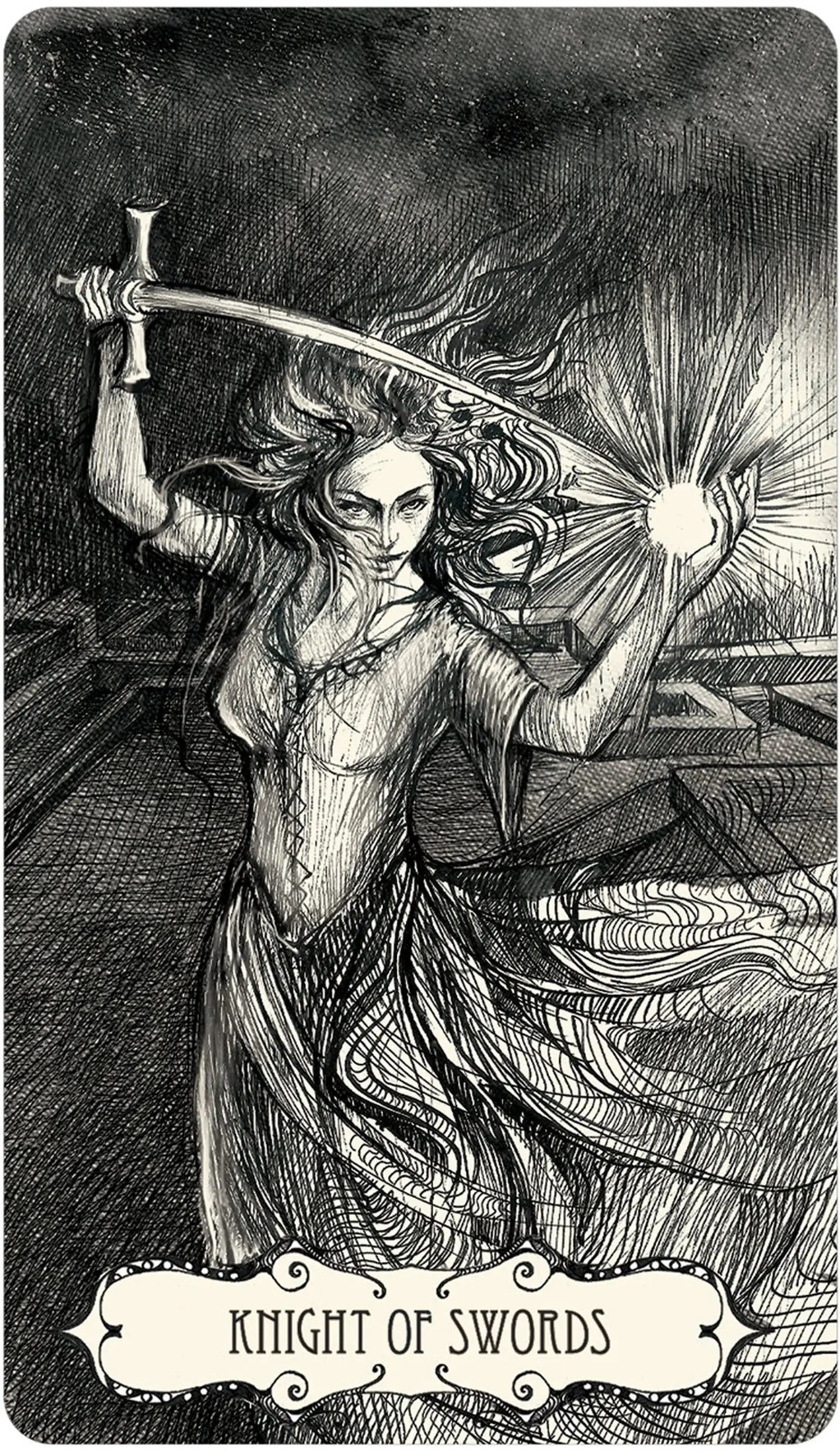 High-contrast black card layout showing a fierce warrior wielding a sword against a swirling night sky.
