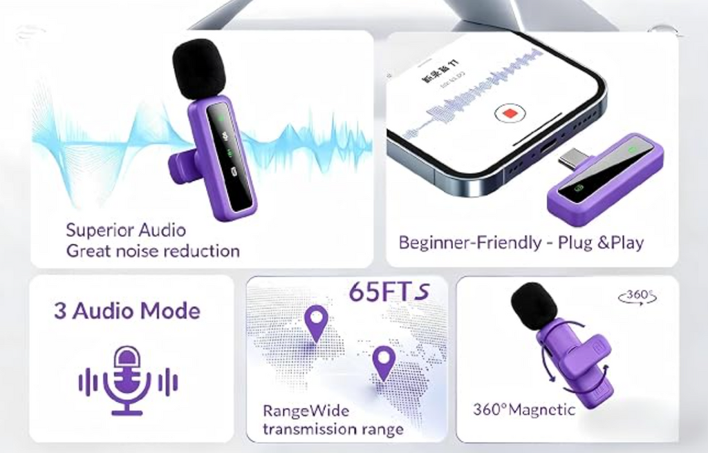 Infographic showing purple wireless microphone features including noise reduction, plug and play setup, and 65ft range.