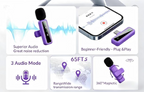 Infographic showing purple wireless microphone features including noise reduction, plug and play setup, and 65ft range.
