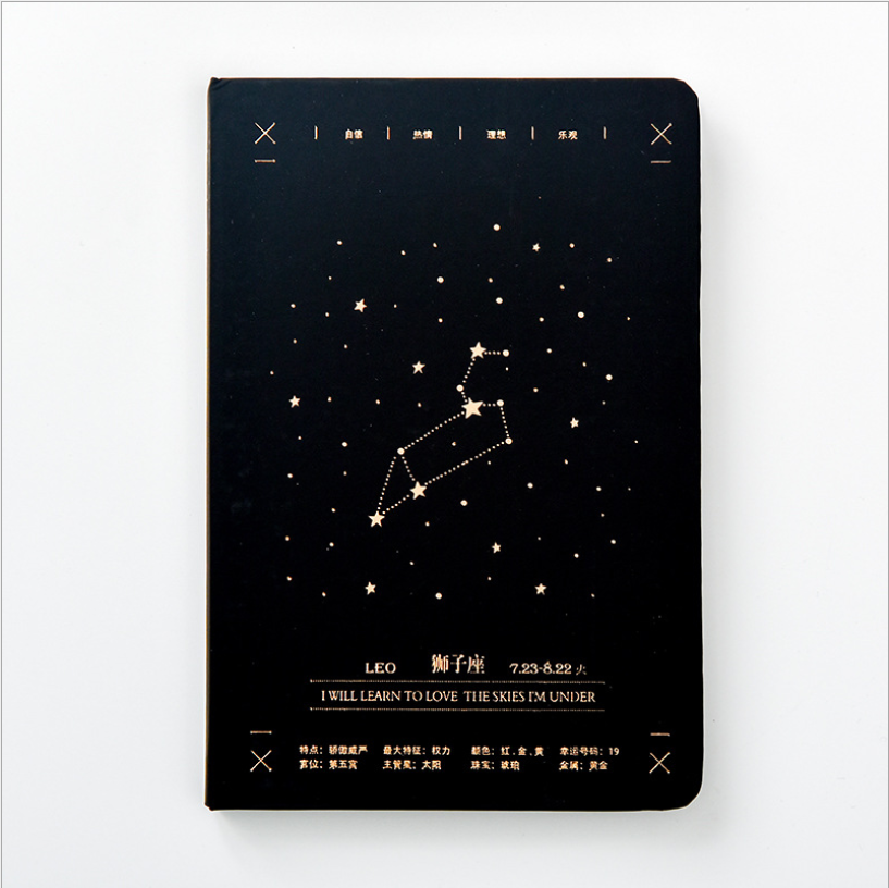 Front view of a matte black hardcover Leo zodiac journal featuring a gold star map constellation design centered on a clean white background.