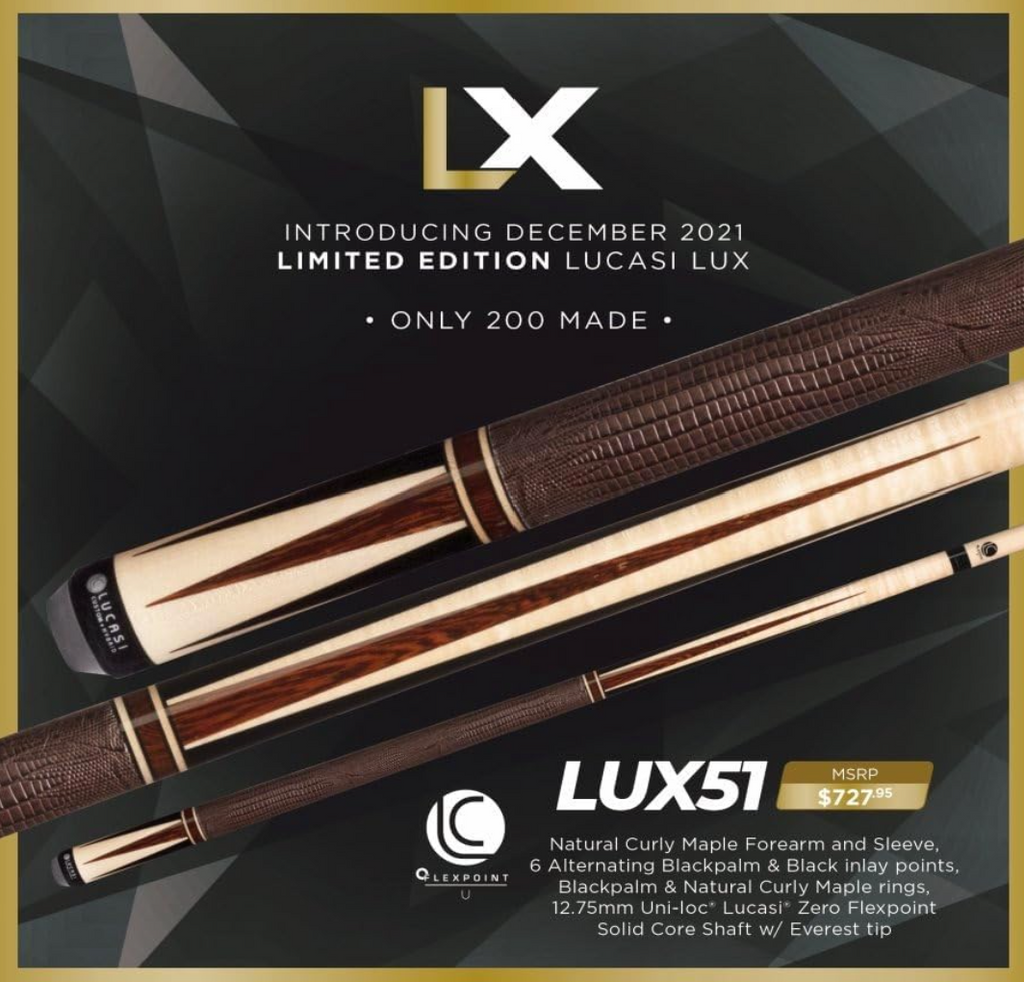 Promotional banner for the limited-edition Lucasi LUX51 pool cue with natural curly maple forearm details.