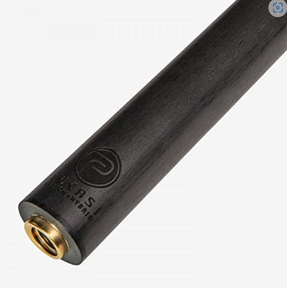 Close‑up of a Lucasi Carbon Hybrid cue shaft showing the brass threaded insert and matte black carbon fiber finish.
