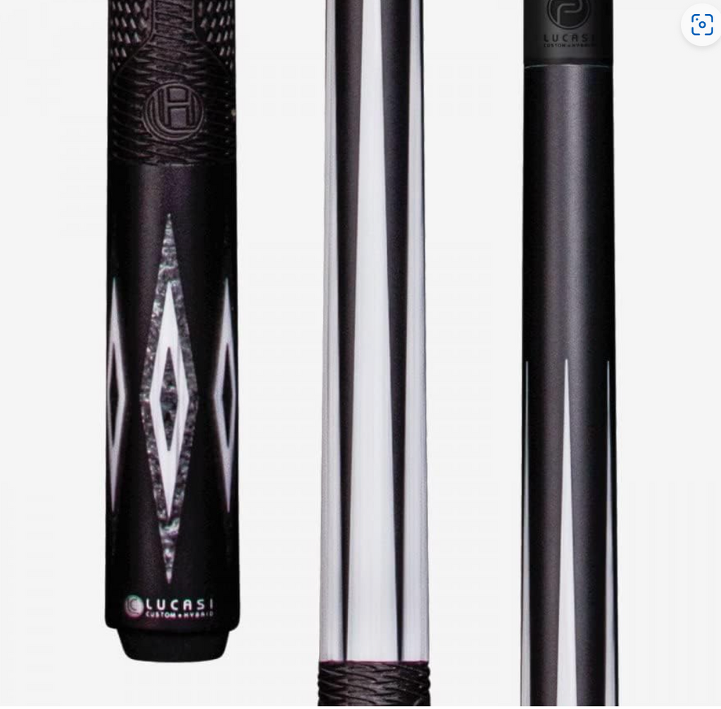 Three Lucasi cues with black and silver designs, including diamond inlays, metallic finishes, and hybrid branding.