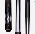 Three Lucasi cues with black and silver designs, including diamond inlays, metallic finishes, and hybrid branding.