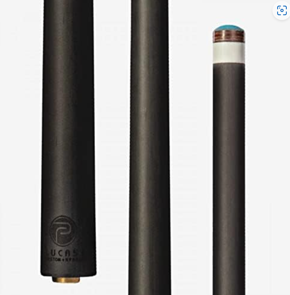 Three‑piece Lucasi Custom Hybrid cue showing the branded butt section, carbon shaft, and blue‑tipped ferrule.