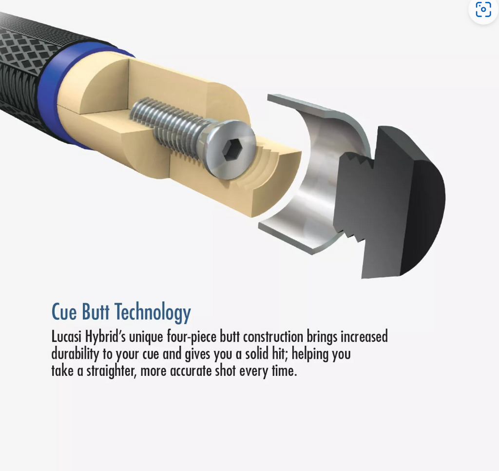 Cross-section diagram showing Lucasi Hybrid's four-piece pool cue butt construction and adjustable weight bolt.