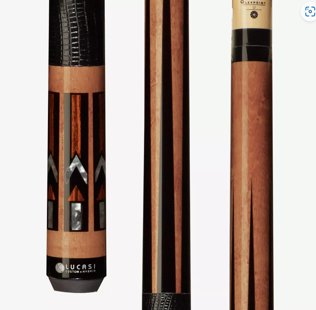 Lucasi Hybrid LHC93 pool cue with zero flexpoint low deflection shaft, kamui pro soft tip, and four piece butt.