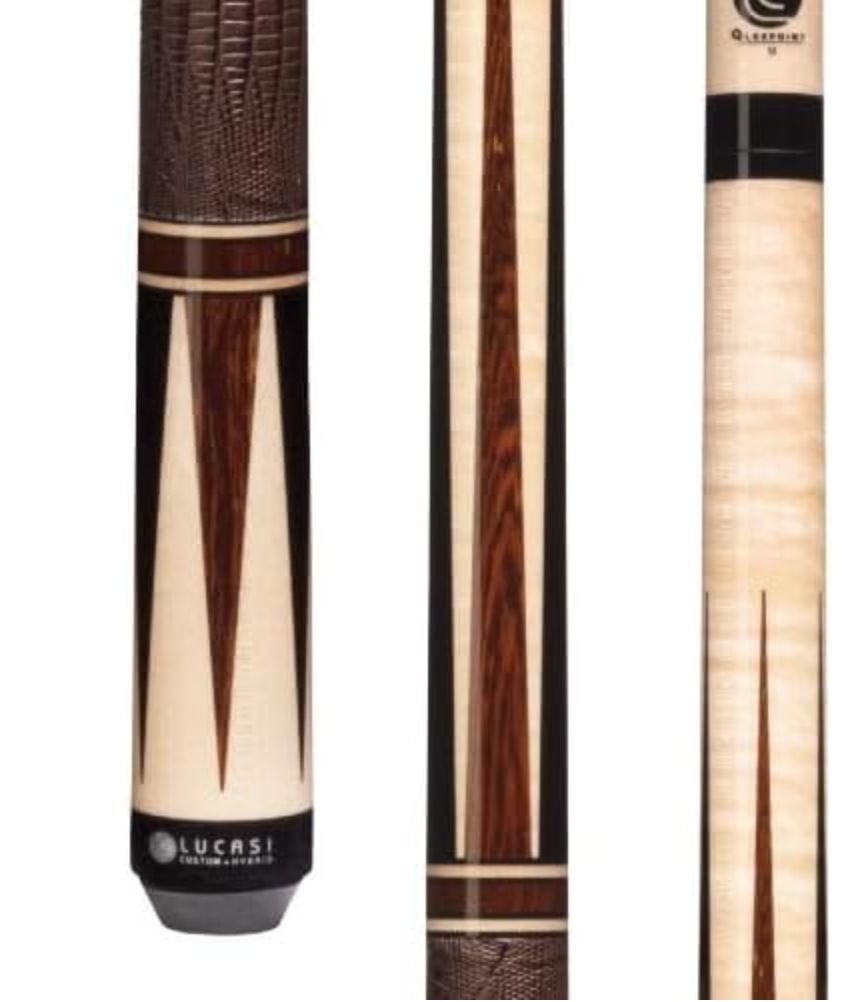 Detailed close-up sections of the Lucasi LUX51 pool cue showing wood inlay points and leather textured grip.