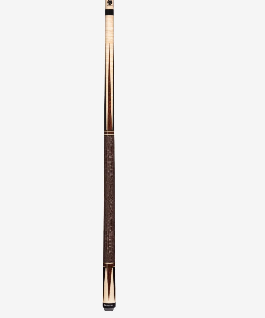 Full-length view of the limited-edition Lucasi LUX51 pool cue featuring a brown embossed leather handle wrap.