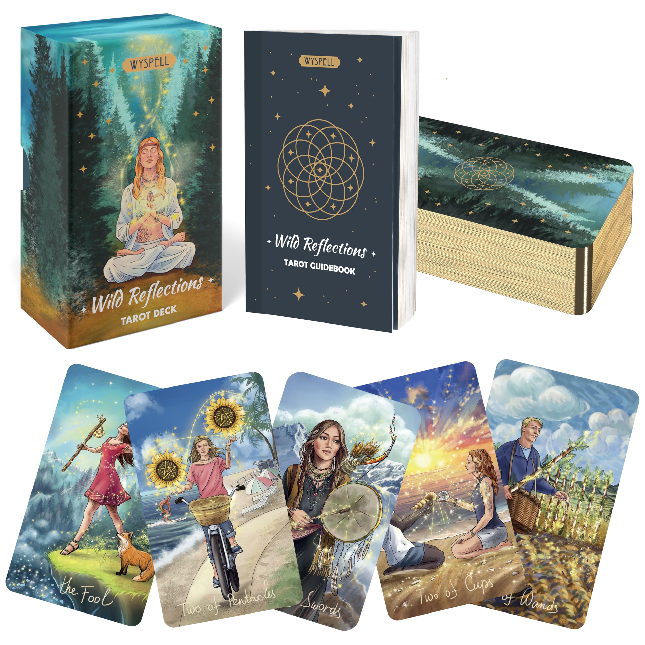 Wild Reflections Tarot rigid premium carrying box featuring gold-embossed details on a nature-themed box layout.