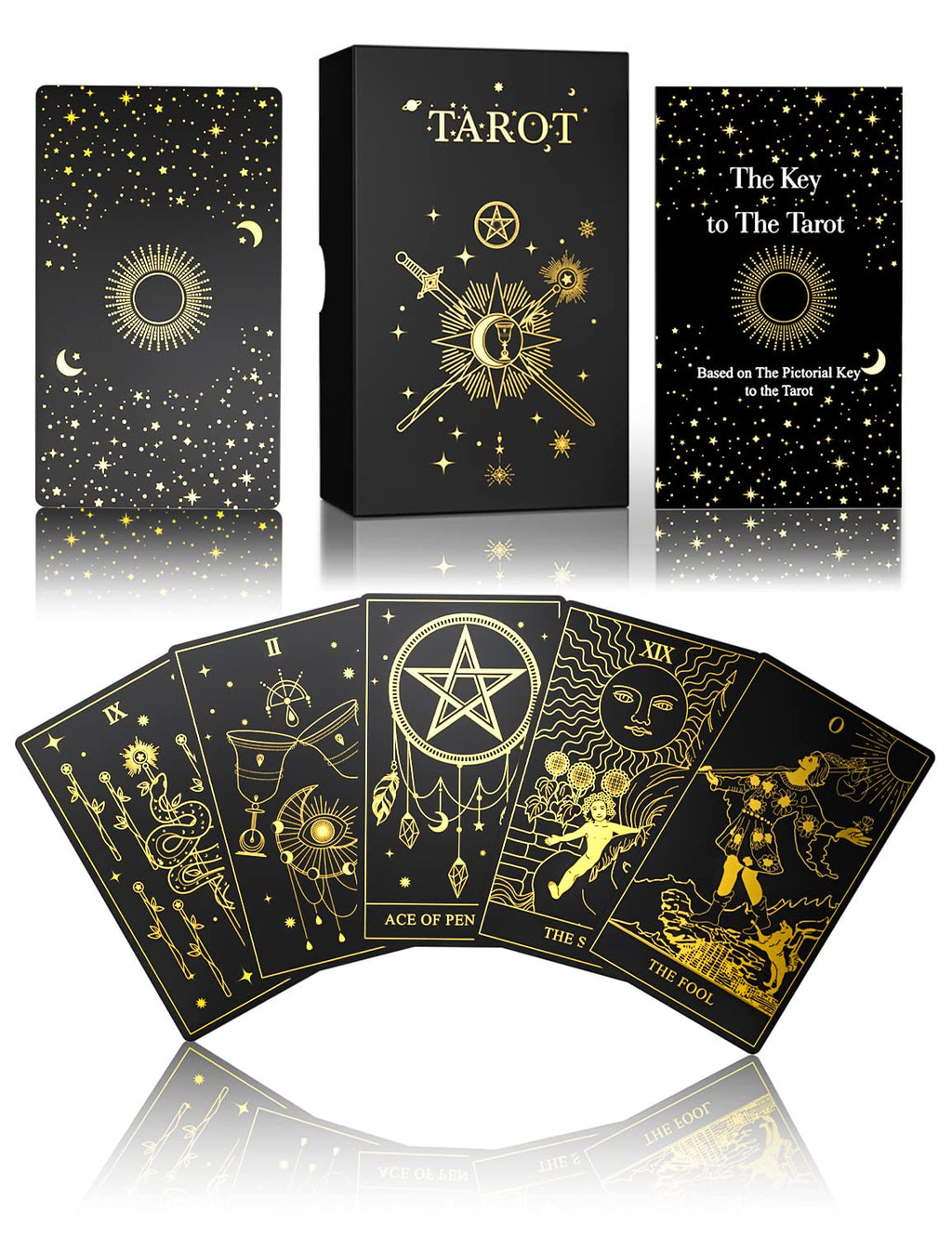 WJPC Gold Foil Tarot Cards rigid gift box featuring gold hot-stamping detail on a black background.