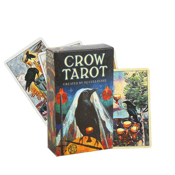 Crow Tarot card deck standing vertically next to fanned-out borderless raven cards depicting detailed digital art.