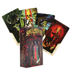 Santa Muerte Tarot deck box standing vertically next to four fanned-out, highly detailed calavera oracle cards.