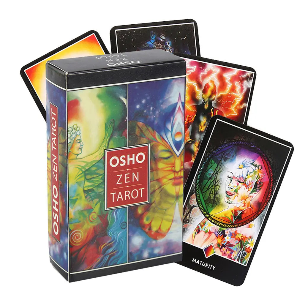 Osho Zen Tarot box standing vertically next to fanned-out mindfulness cards displaying the Maturity card archetype.