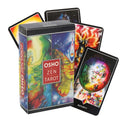 Osho Zen Tarot box standing vertically next to fanned-out mindfulness cards displaying the Maturity card archetype.