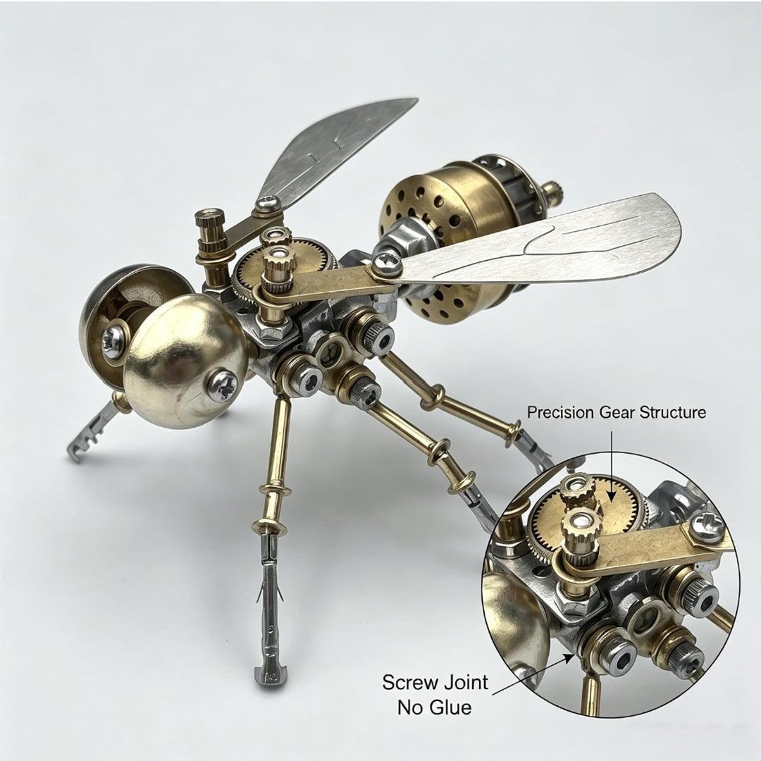 A studio product shot of the finished brass and silver metallic bug model standing on an unembellished white background. A magnified circular inset window detail on the lower right directly traces and labels the "Precision Gear Structure" and the "Screw Joint No Glue" connection points.