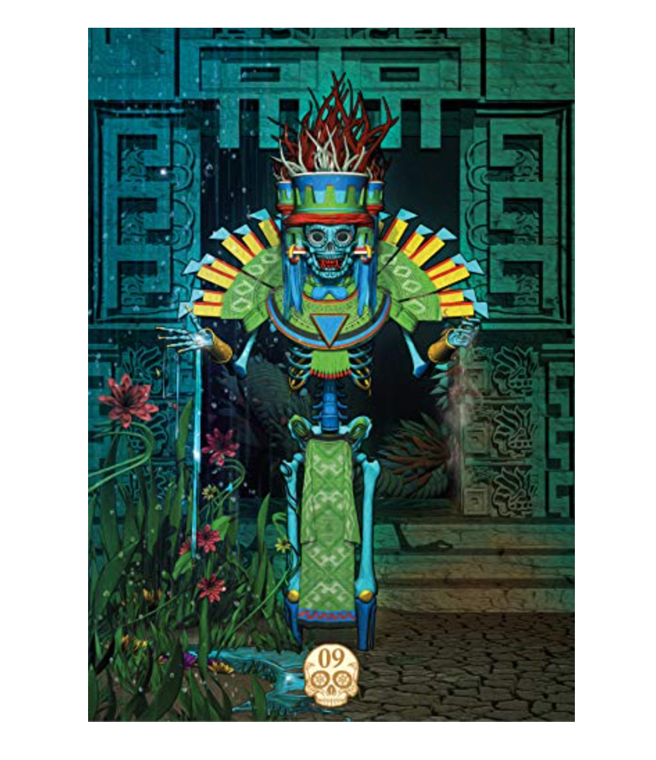 Detailed tarot card depicting an adorned turquoise skeleton figure standing before an ancient stone temple.