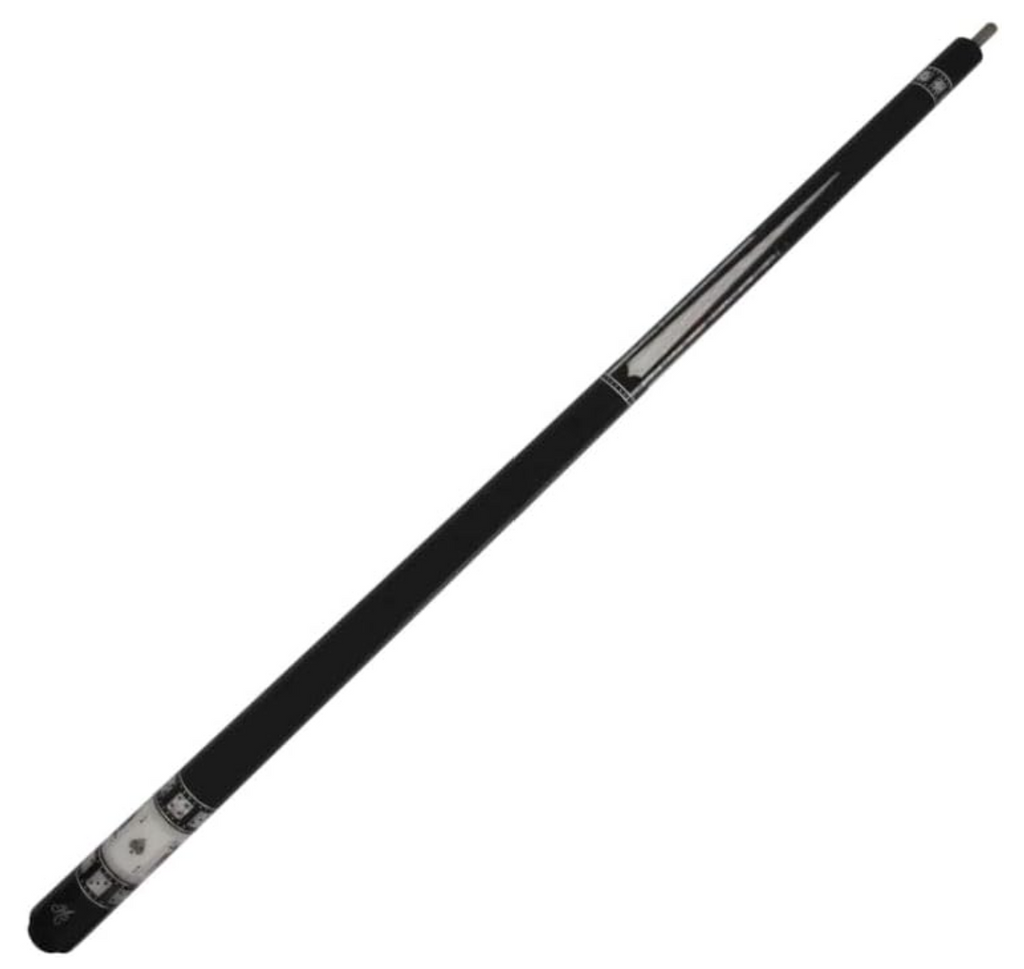 Meucci MECAS 10 cue butt featuring casino‑themed card symbols and detailed Paua Shell inlays.