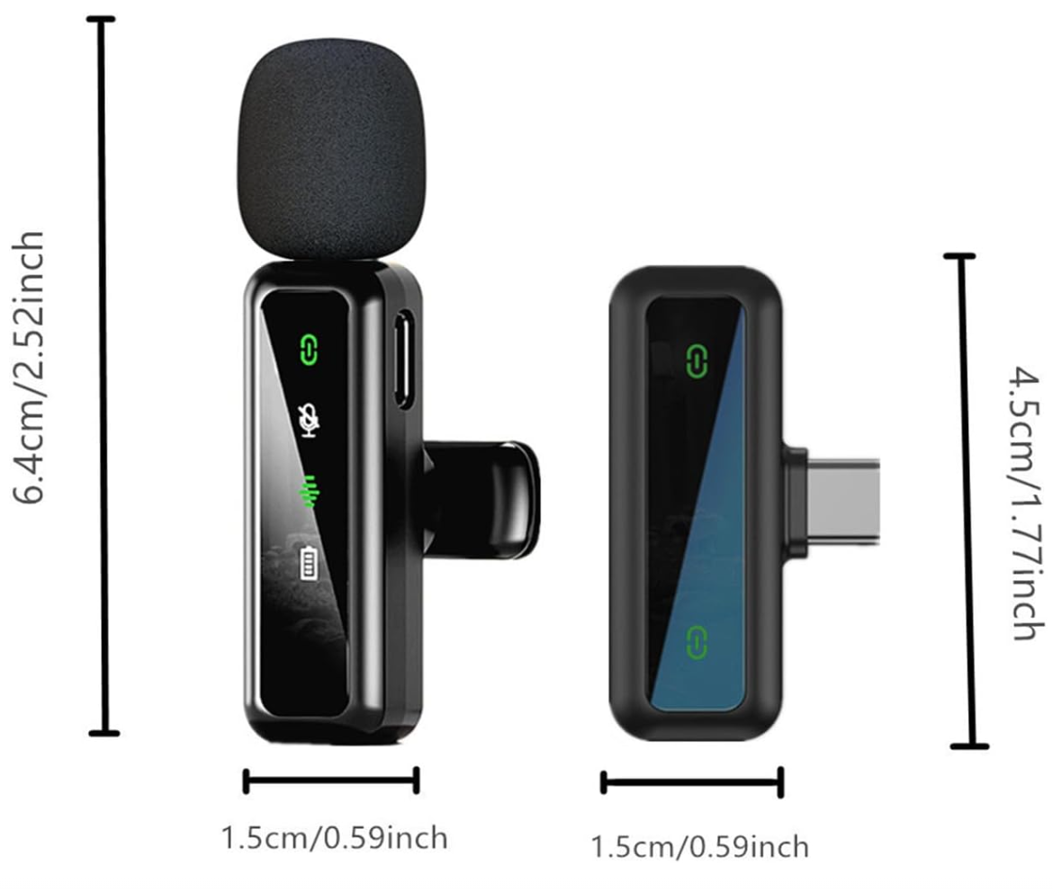 Dimension diagram showing the physical height and width measurements of the lapel microphone and USB-C receiver.