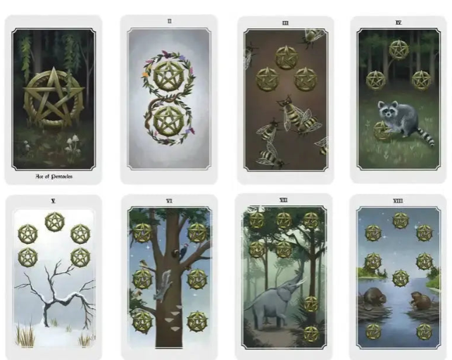 Pentacles tarot cards illustrated with tortoises, badgers, and forest imagery.