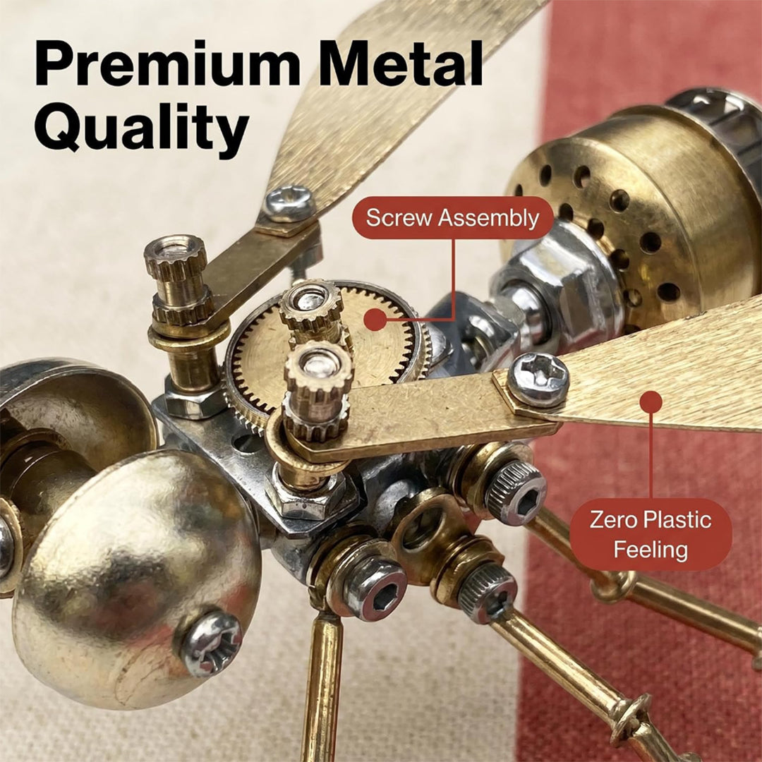 A macro close-up view of a steampunk-style metallic insect model highlighting brass gears, threaded posts, and silver screws. Red callout text overlays point to "Screw Assembly" and describe a "Zero Plastic Feeling" alongside a "Premium Metal Quality" label.