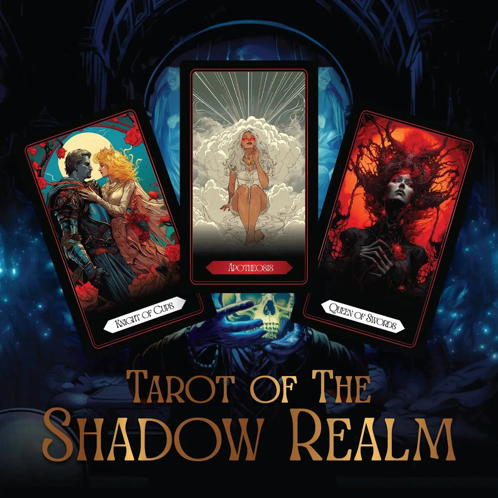 Three gothic tarot cards fanned out against a dark blue cosmic backdrop. The left card shows the Knight of Cups embracing a woman before a full moon, the center card shows an ethereal figure titled "Apotheosis," and the right card depicts the Queen of Swords looking upward amidst blood-red branches.