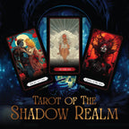 Three gothic tarot cards fanned out against a dark blue cosmic backdrop. The left card shows the Knight of Cups embracing a woman before a full moon, the center card shows an ethereal figure titled "Apotheosis," and the right card depicts the Queen of Swords looking upward amidst blood-red branches.