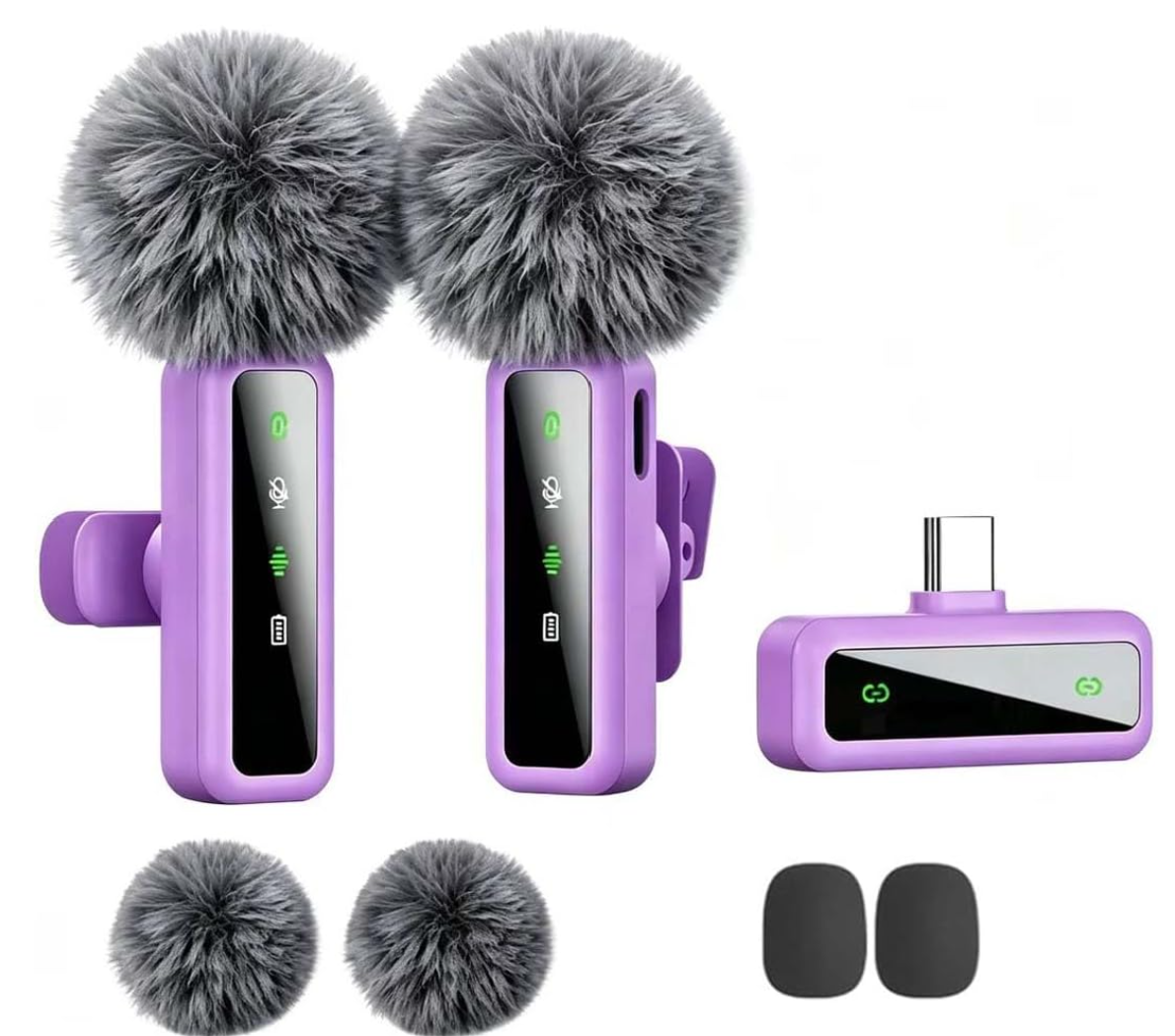 Purple dual wireless clip-on mic system with an integrated LED screen receiver, windproof deadcats, and accessories.