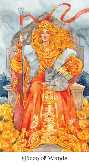 Three Slavic-inspired tarot cards showcasing intricate traditional rural costumes and vivid orange color tones.